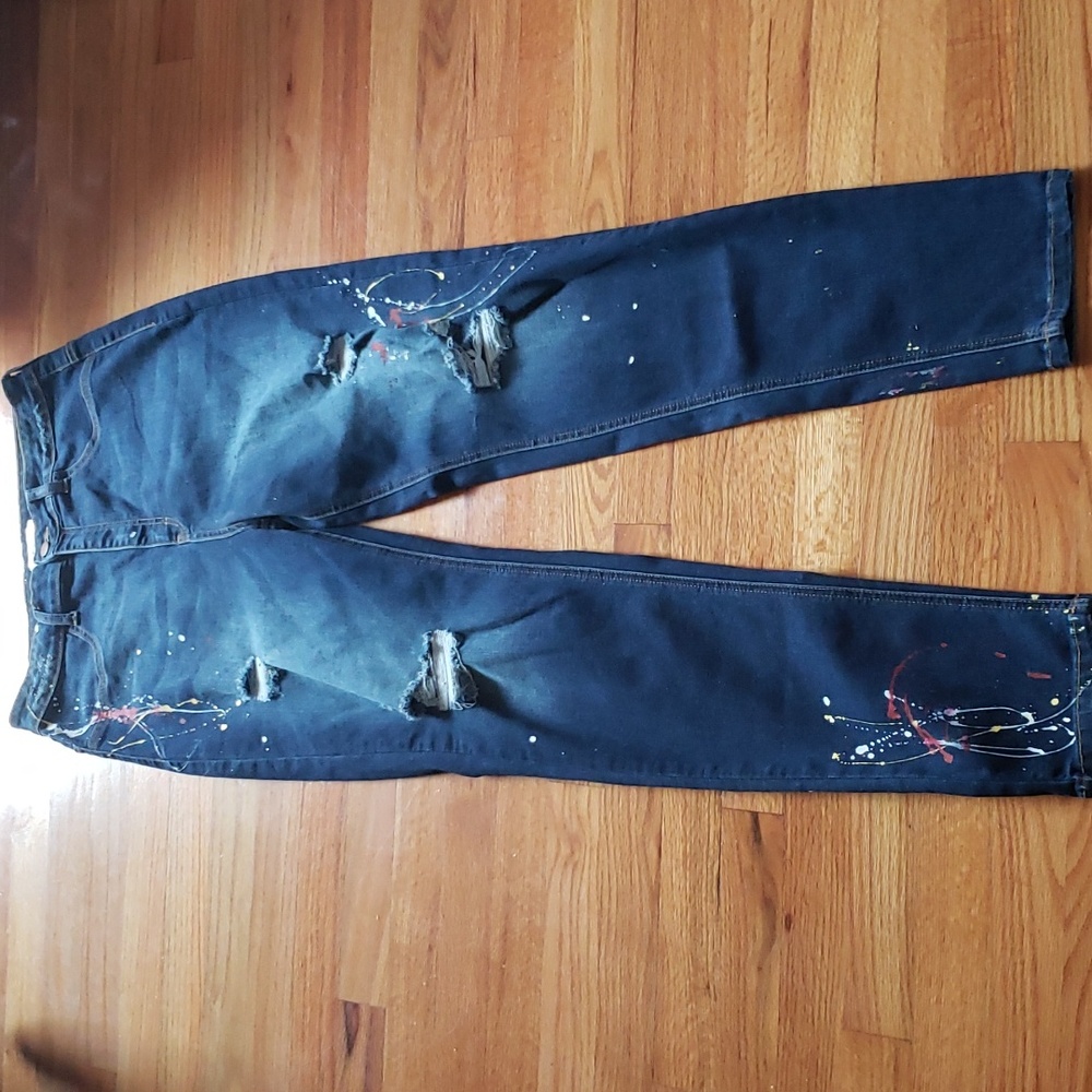 AP Blue by Aphrodite jeans 1XL Distressed dark denim paint splatter High-waisted